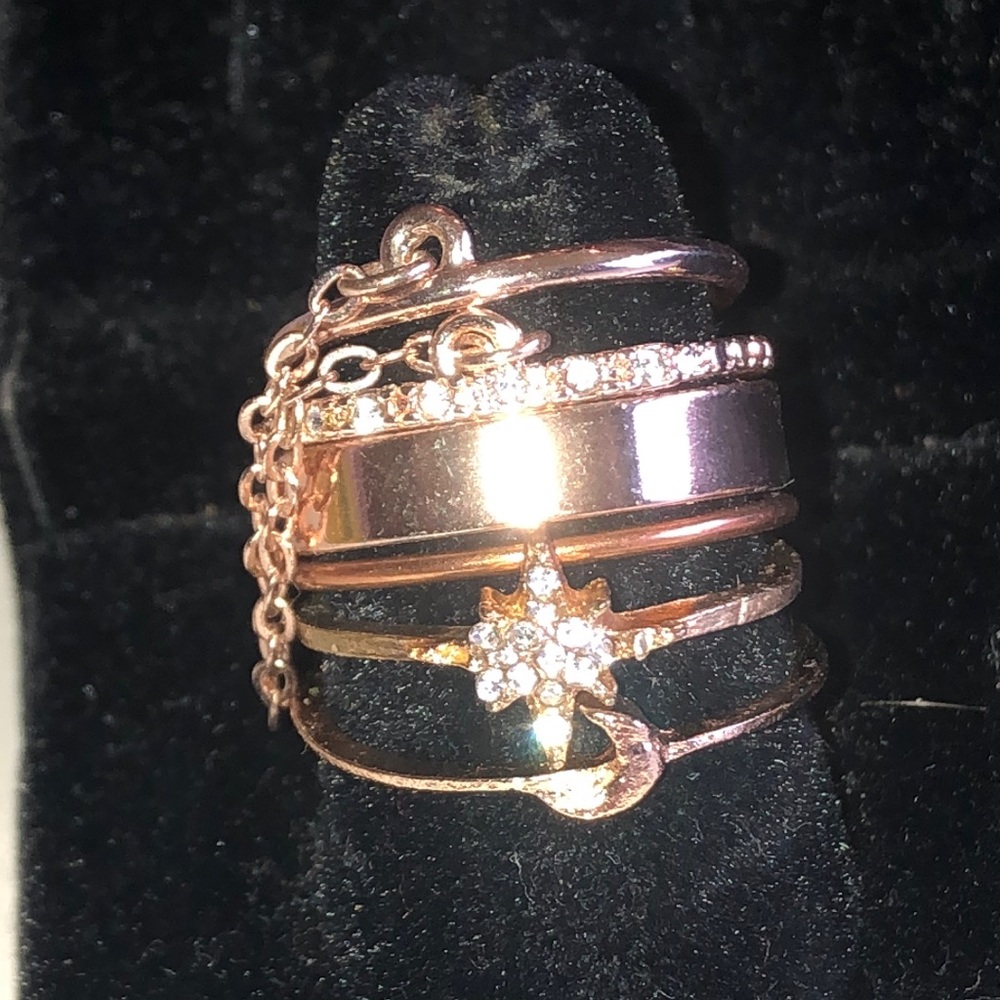 Gold Tone Celestial Ring Set - Sparkling Star & Moon Stackable Bands - Picture 2 of 5